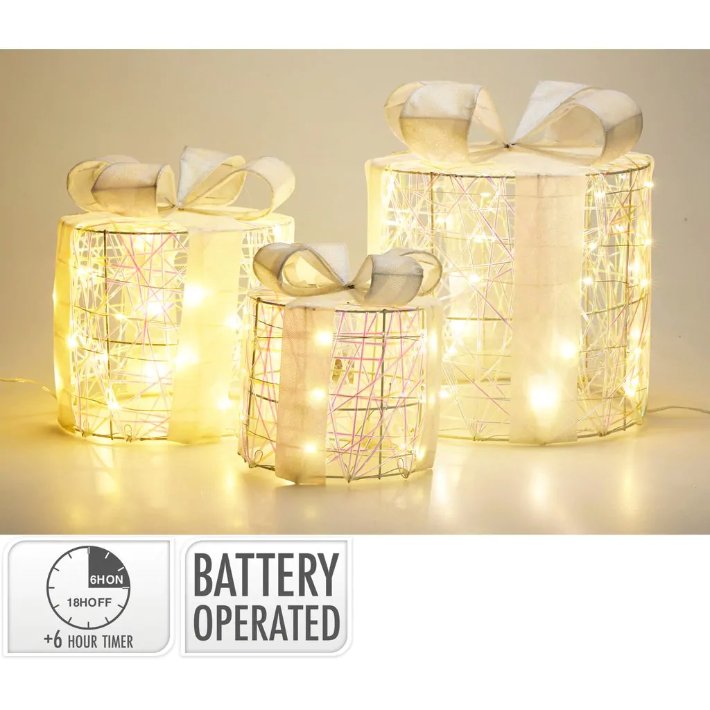 סט 3 קופסאות מתנה עגולות עם תאורת LED, לבן, 17-30 ס"מ