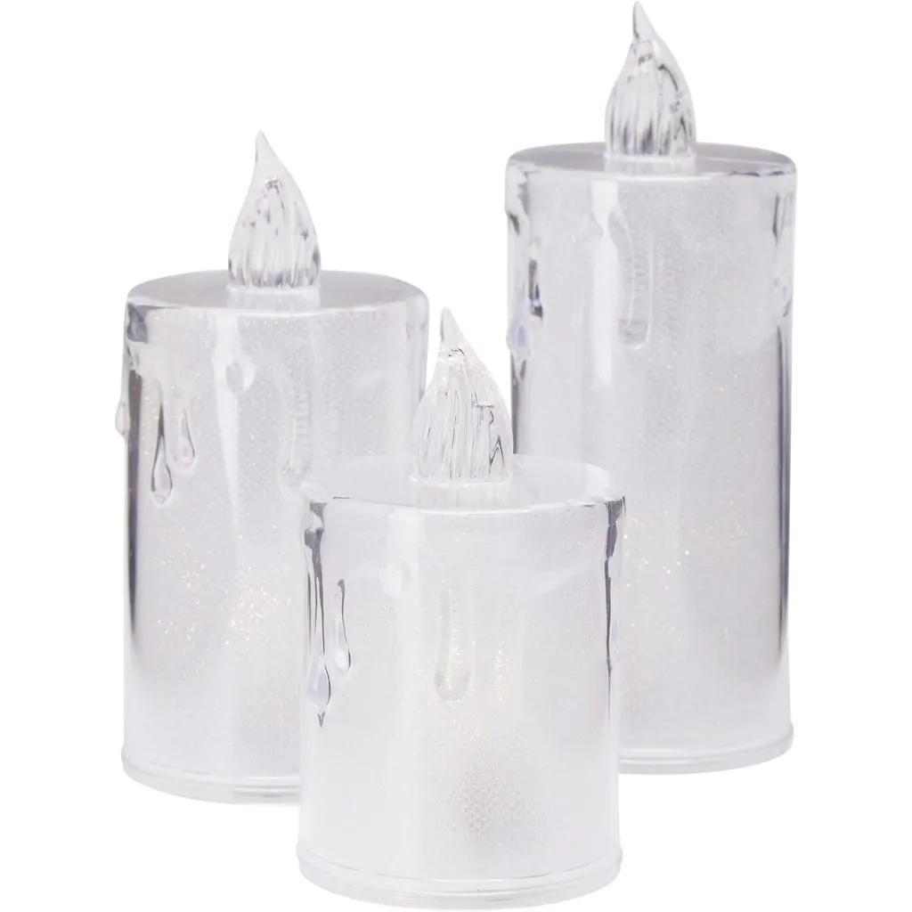 ⁦סט 3 נרות LED שקופים, אור חם, 8 - 12.5 ס"מ.⁩ – תמונה ⁦2⁩