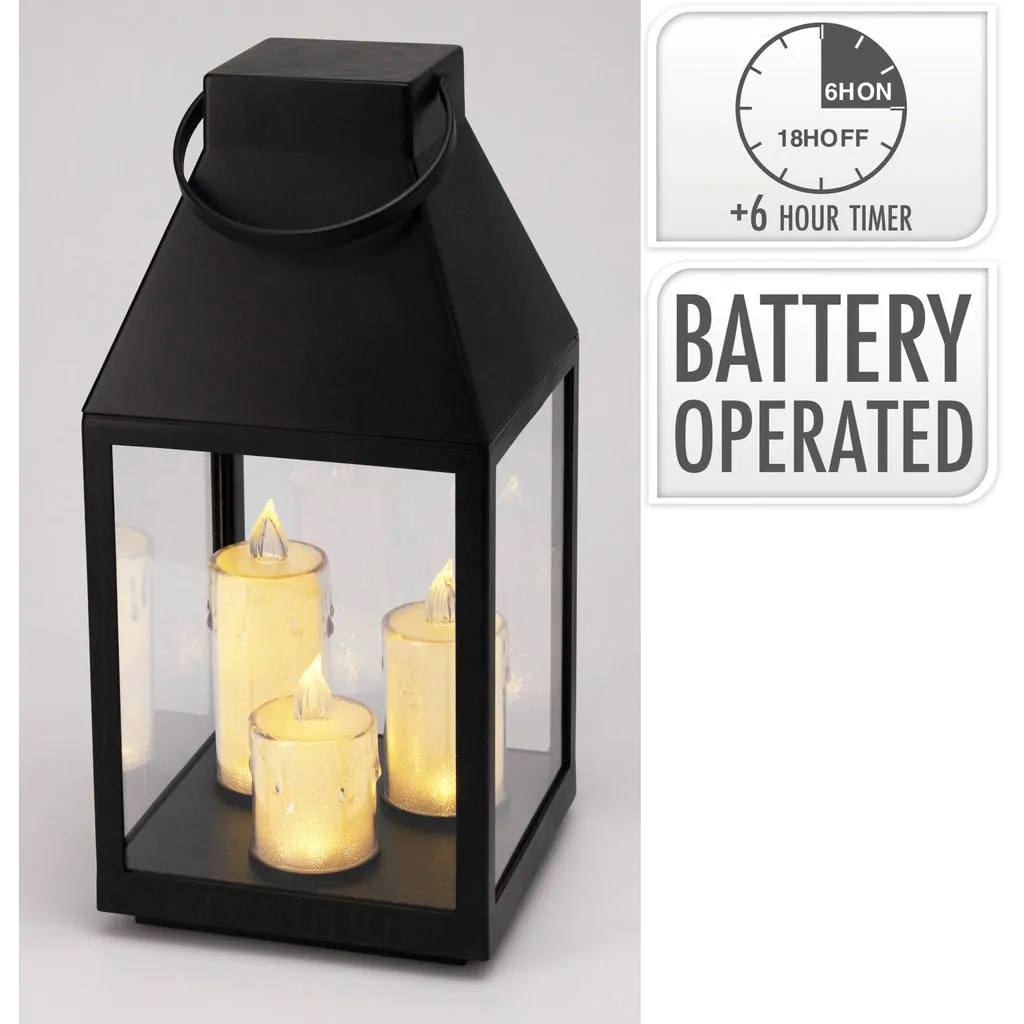 Фонарь с тремя LED-свечами с таймером, черный, 16.5 х 35 см