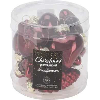 Набор из 12 стеклянных шишек, звезд и сердечек, бордовые, 4 см