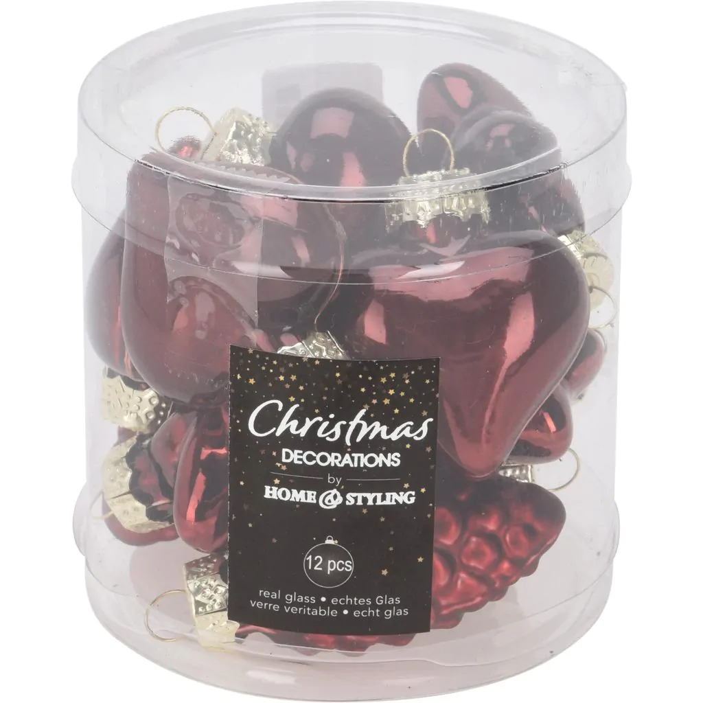 Набор из 12 стеклянных шишек, звезд и сердечек, бордовые, 4 см