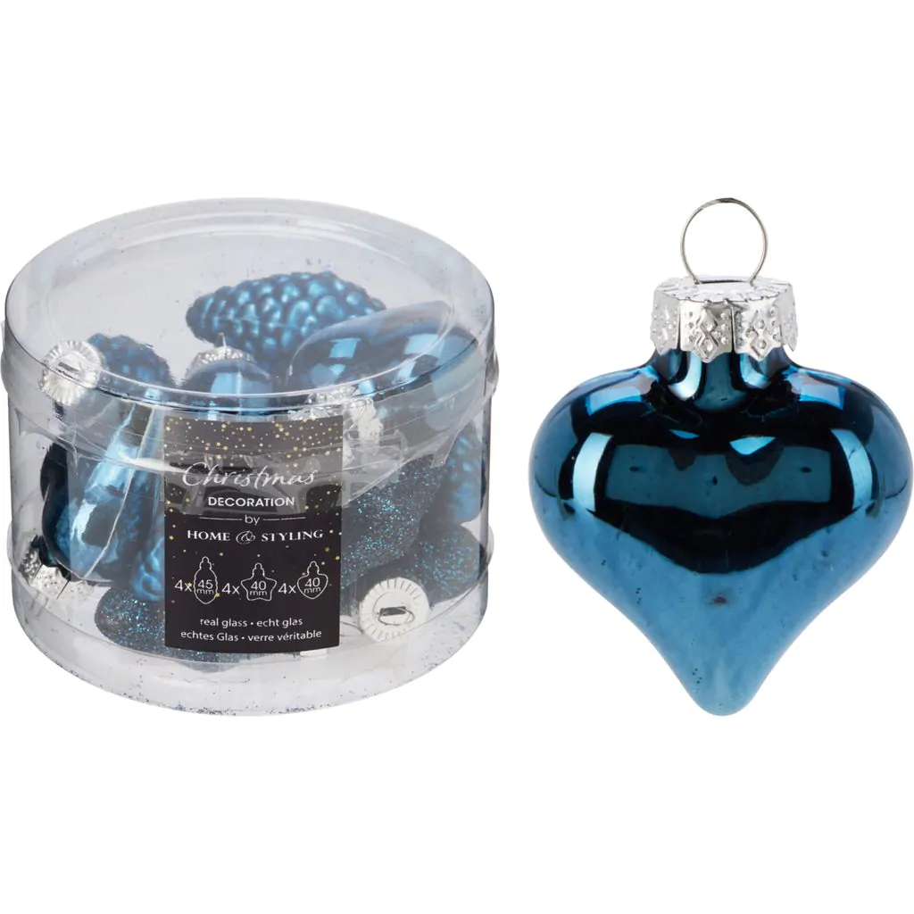 סט 12 קונוסים מזכוכית, כוכבים ולבבות, כחול, 4 ס"מ