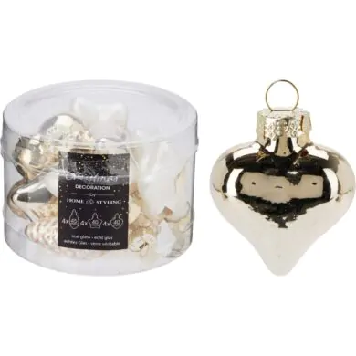 Набор из 12 стеклянных шишек, звезд и сердечек, золотой жемчужный, 4 см