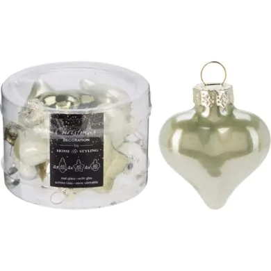 סט 12 קונוסים מזכוכית, כוכבים ולבבות, פנינה ירוק בהיר, 4 ס"מ