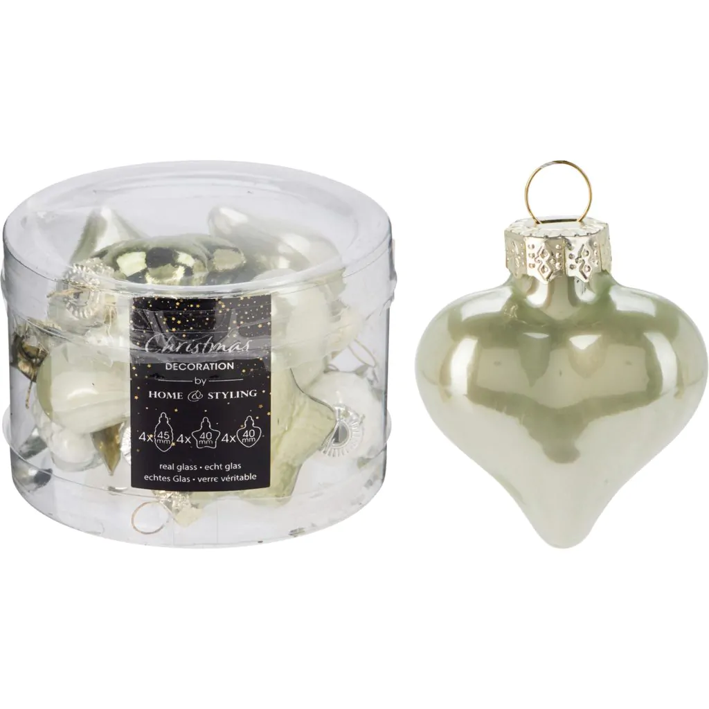 סט 12 קונוסים מזכוכית, כוכבים ולבבות, פנינה ירוק בהיר, 4 ס"מ