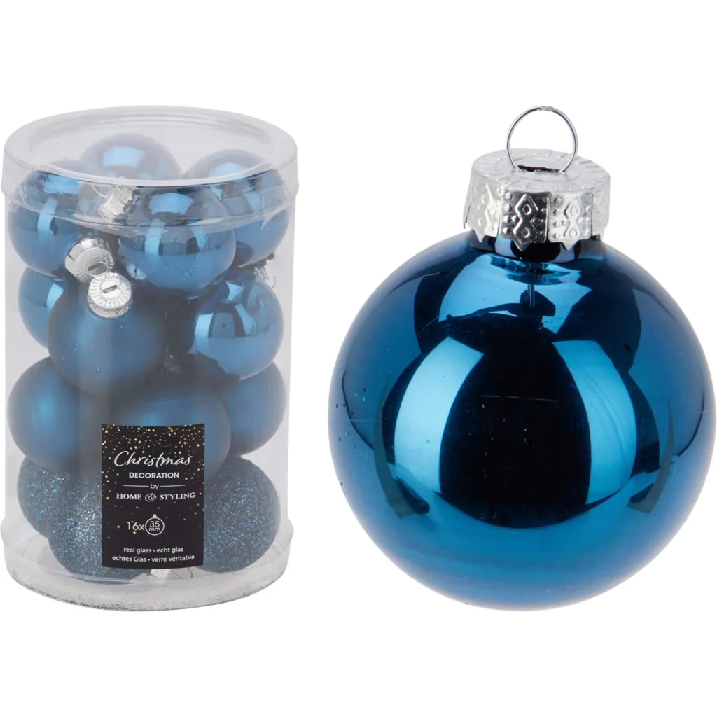 Набор из 16 стеклянных шаров, синий, 3.5 см