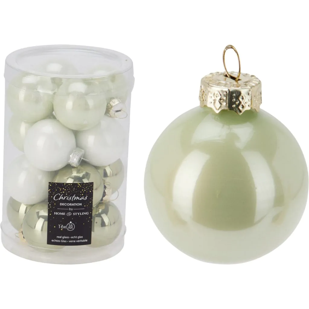 Набор из 16 стеклянных шаров, светло-зеленые перламутровые, 3.5 см
