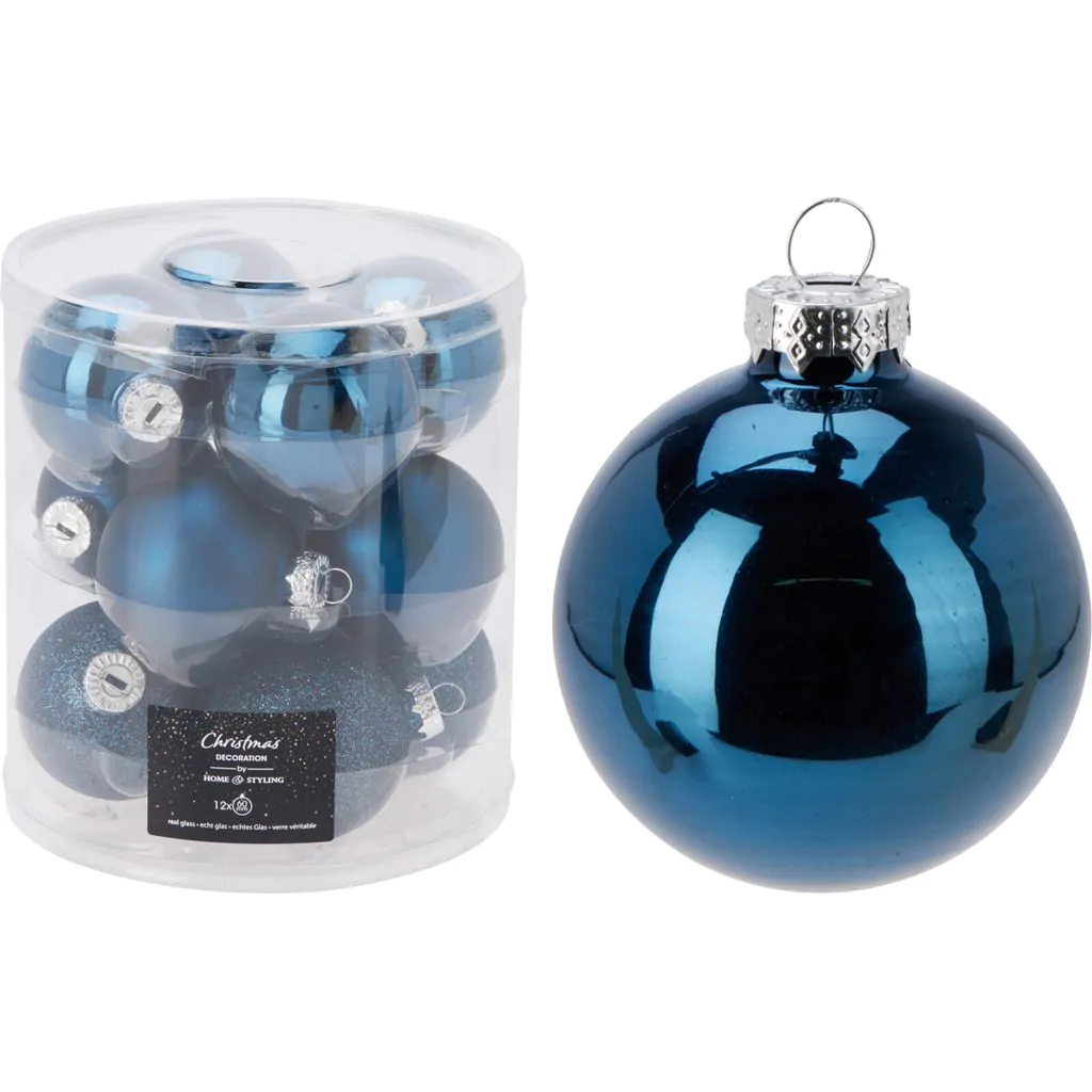סט 12 כדורי זכוכית, כחול, 6 ס"מ