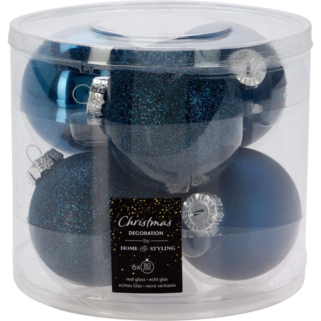 Набор из 6 стеклянных шаров, синие, 8 см