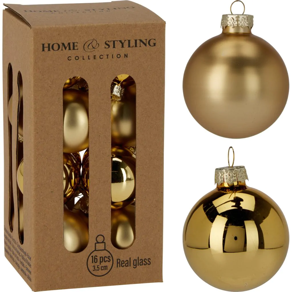 סט כדורי זכוכית לחג המולד, 16 יחידות, זהב, 3.5 ס"מ