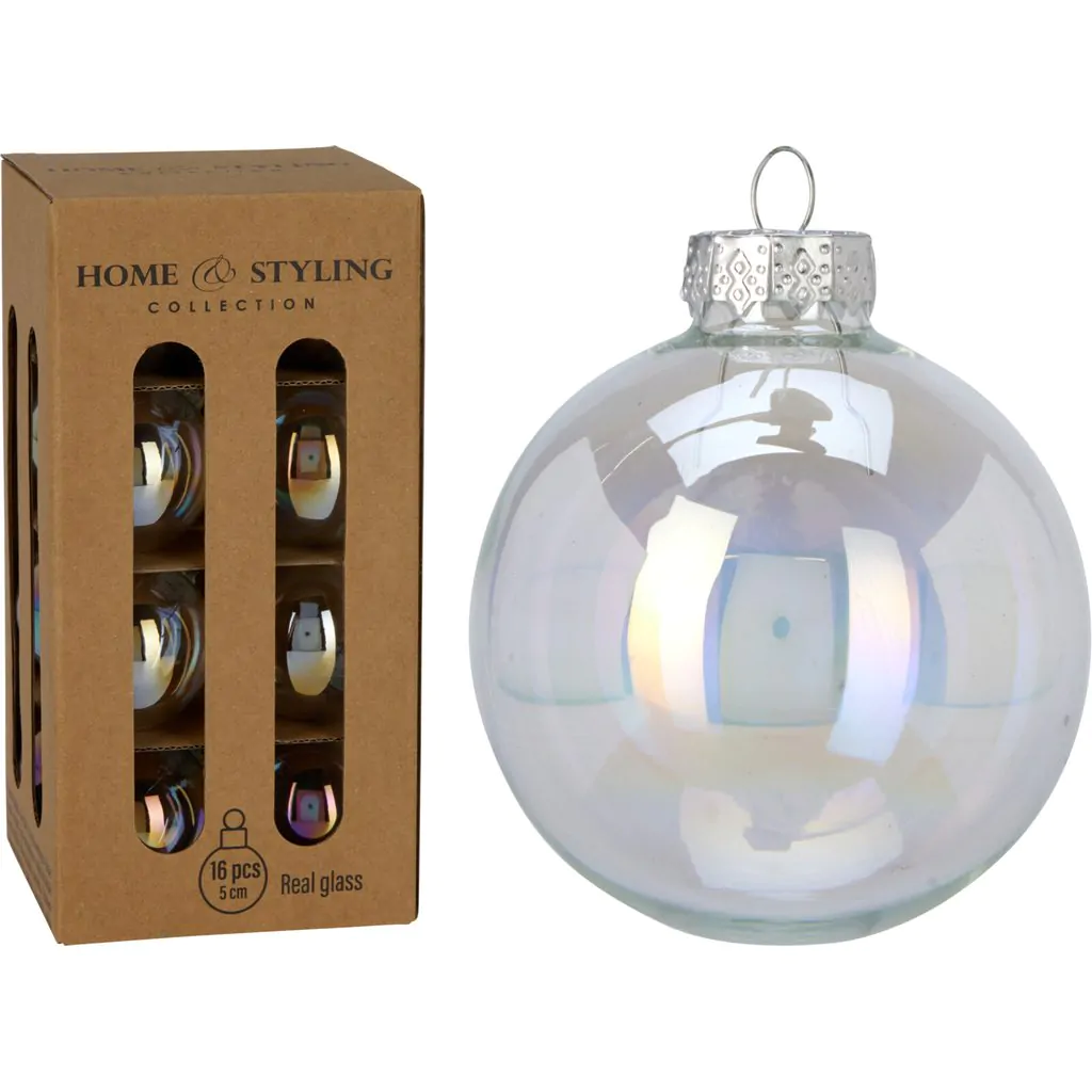 סט כדורי זכוכית לחג המולד, 16 יחידות, קשת פנינה, 5 ס"מ