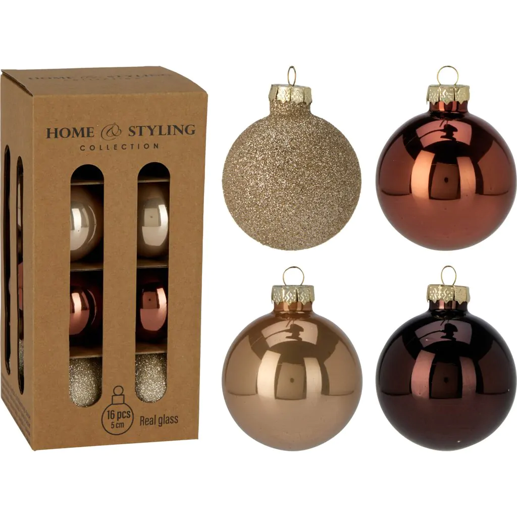 סט כדורי זכוכית לחג המולד, 16 יחידות, חום, 5 ס"מ