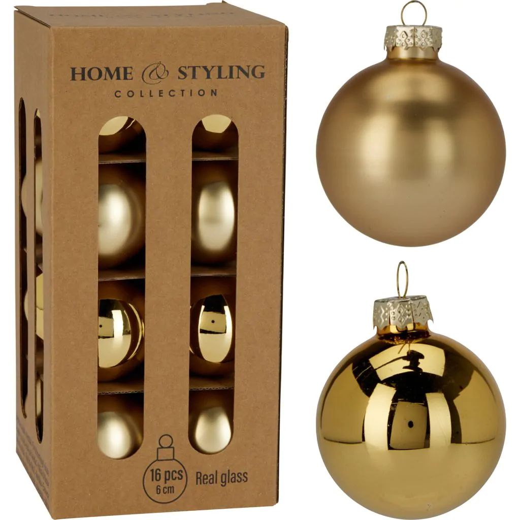 סט כדורי זכוכית לחג המולד, 16 יחידות, זהב, 6 ס"מ