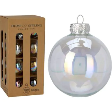 סט של 16 כדורי זכוכית לחג המולד, קשת אם הפנינה, 6 ס"מ