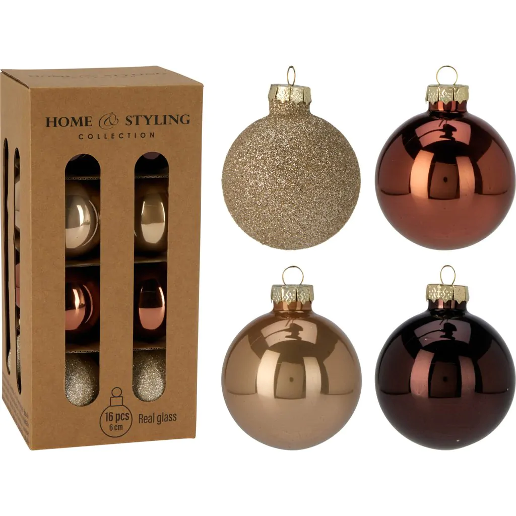 סט כדורי זכוכית לחג המולד, 16 יחידות, חום, 6 ס"מ