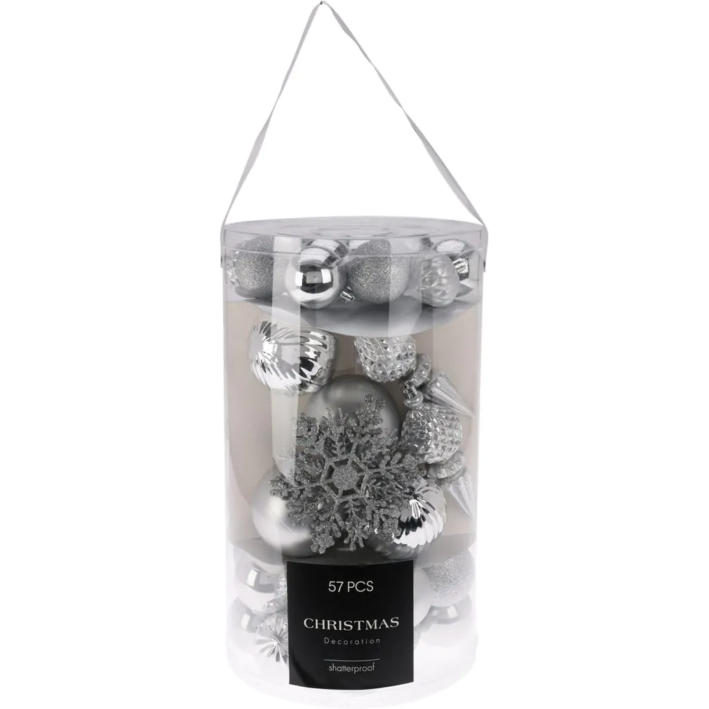 סט קישוטי עץ חג המולד, 57 יחידות, כסף, מגוון