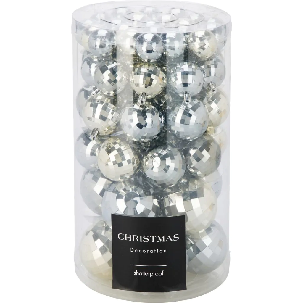 סט כדורי עץ חג המולד דיסקו פלסטיק, כסף, 64 יח', 4-8 ס"מ