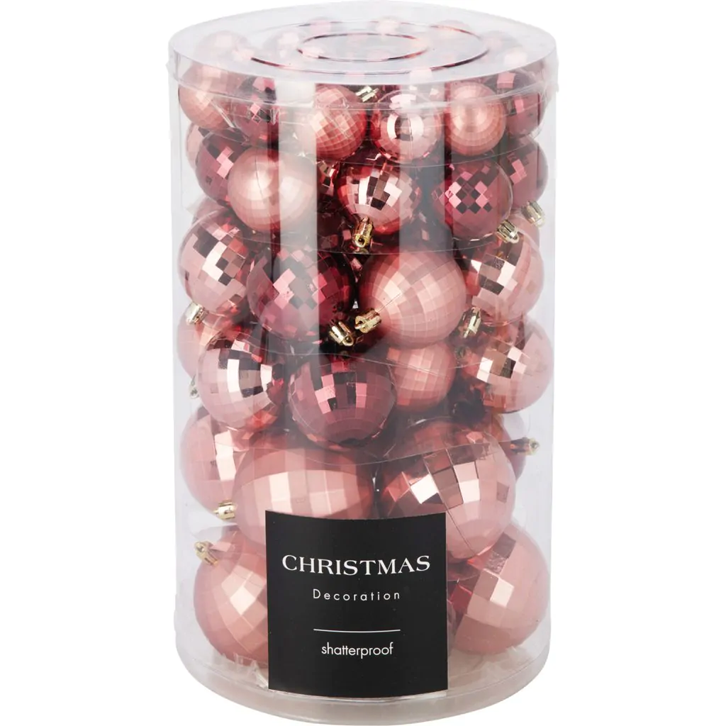 סט כדורי עץ חג המולד פלסטיק דיסקו, ורוד, 64 יח', 4-8 ס"מ