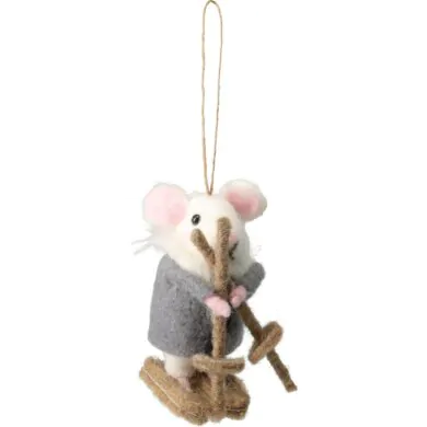 Ёлочное украшение мышь на лыжах войлочная, белая, 14 см