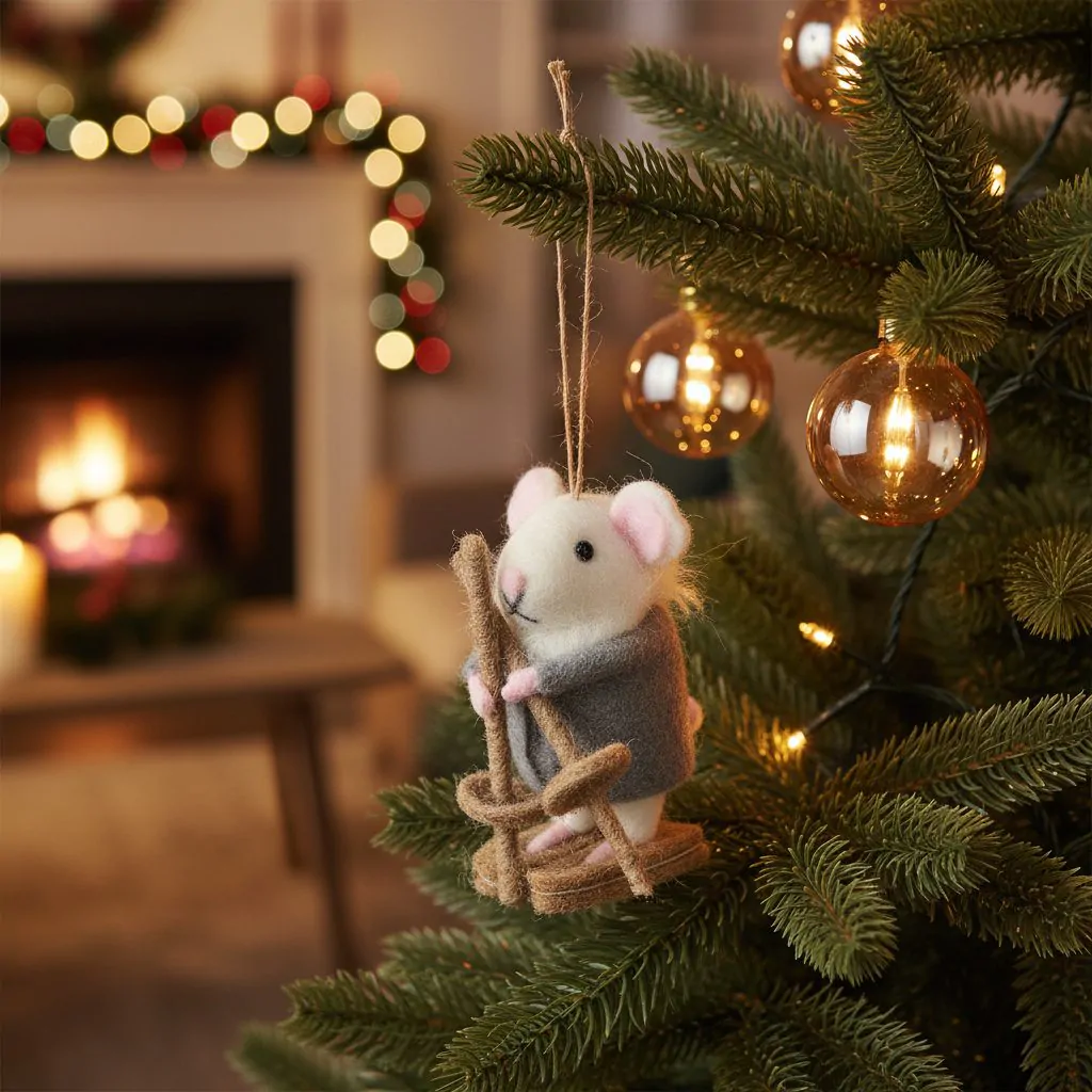 ⁦עכבר לקישוט עץ חג המולד על לבד מגלשיים, לבן, 14 ס"מ⁩ – תמונה ⁦2⁩
