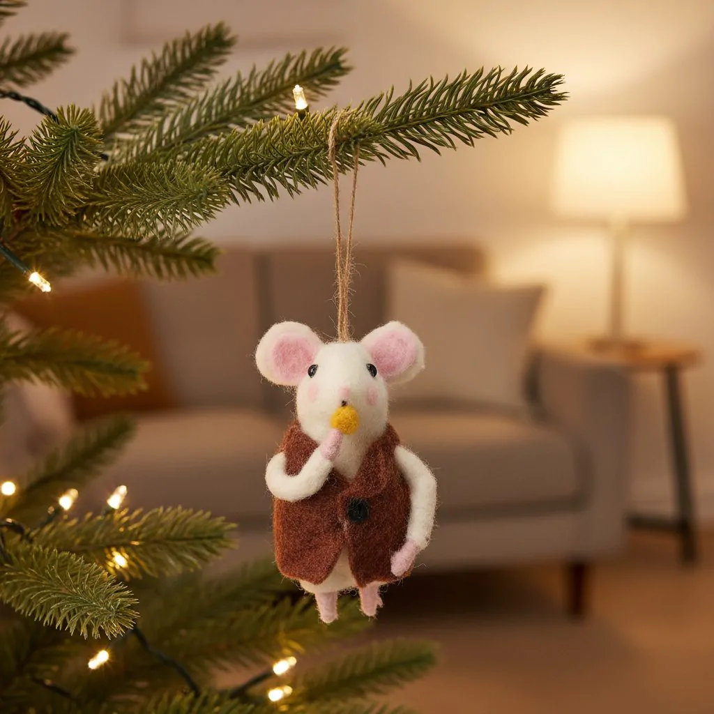 Ёлочное украшение мышь с печенькой войлочная, белая, 14 см — изображение 2