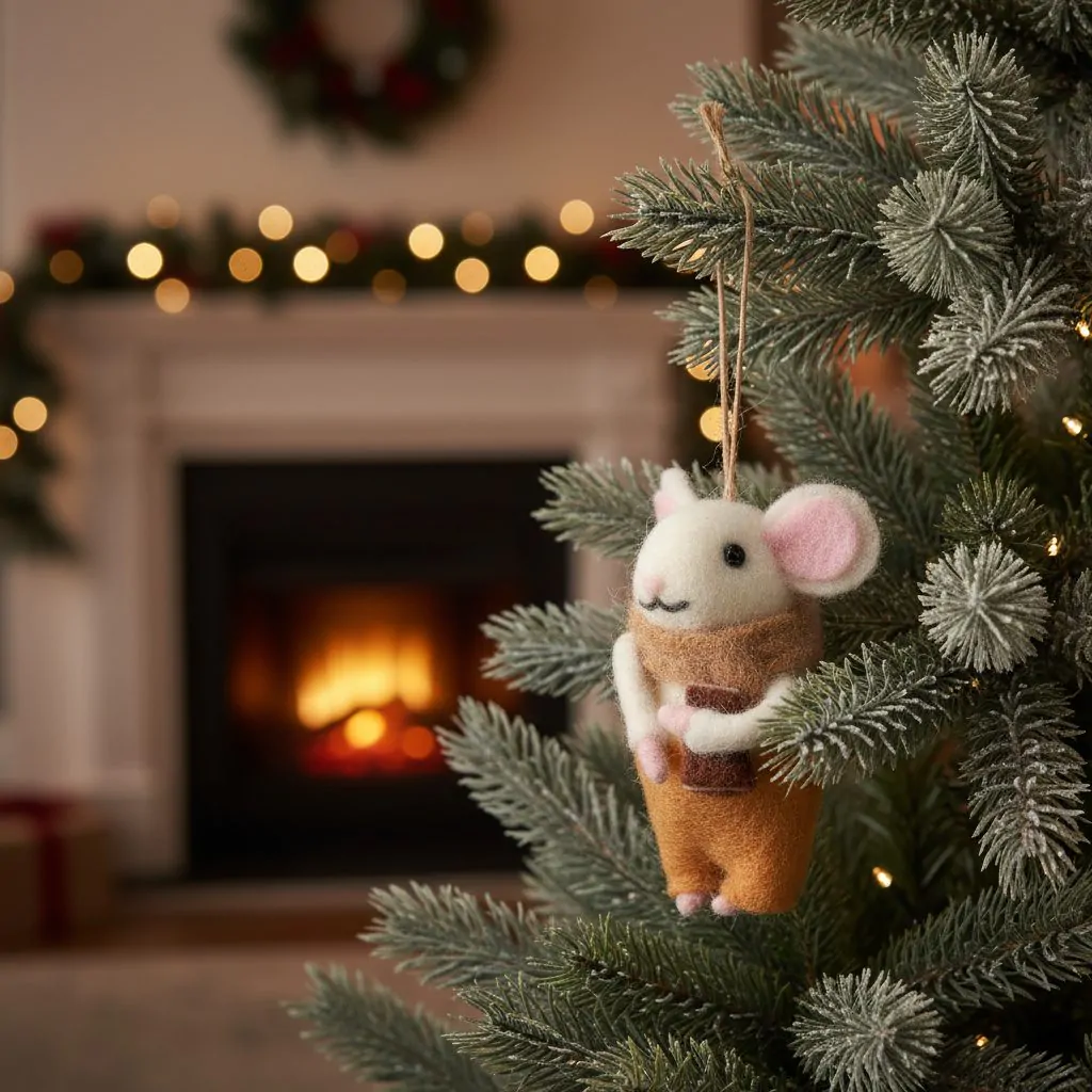 Ёлочное украшение мышь с книгой войлочная, белая, 14 см — изображение 2