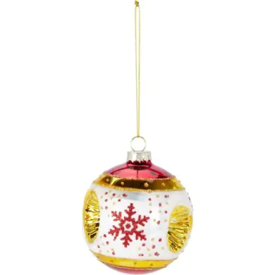 Шар стеклянный, красный с золотым, с блестками и снежинкой, 8 см