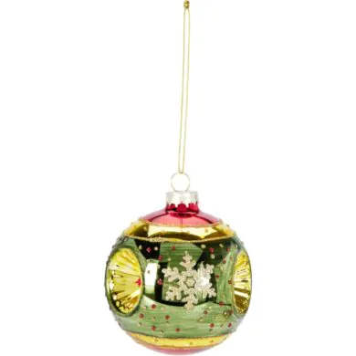 כדור זכוכית, ירוק עם זהב, עם נצנצים ופתית שלג, 8 ס"מ