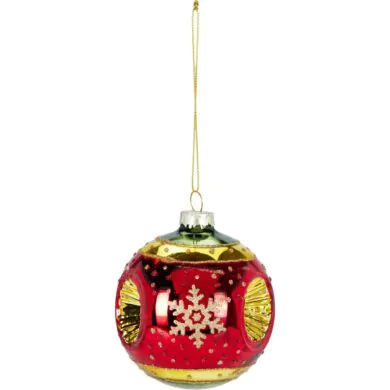 כדור זכוכית אדום עם זהב עם נצנצים ופתית שלג 8 ס"מ
