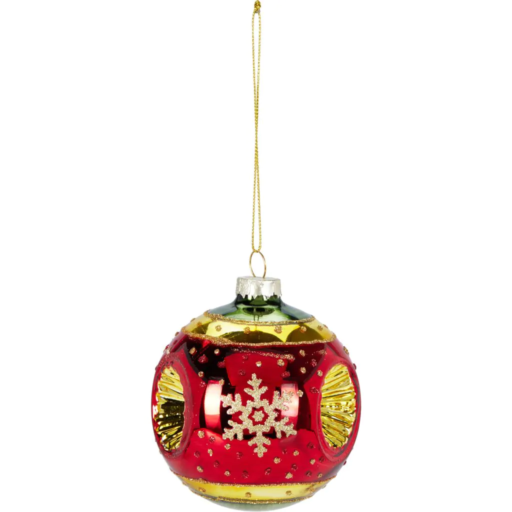 כדור זכוכית אדום עם זהב עם נצנצים ופתית שלג 8 ס"מ