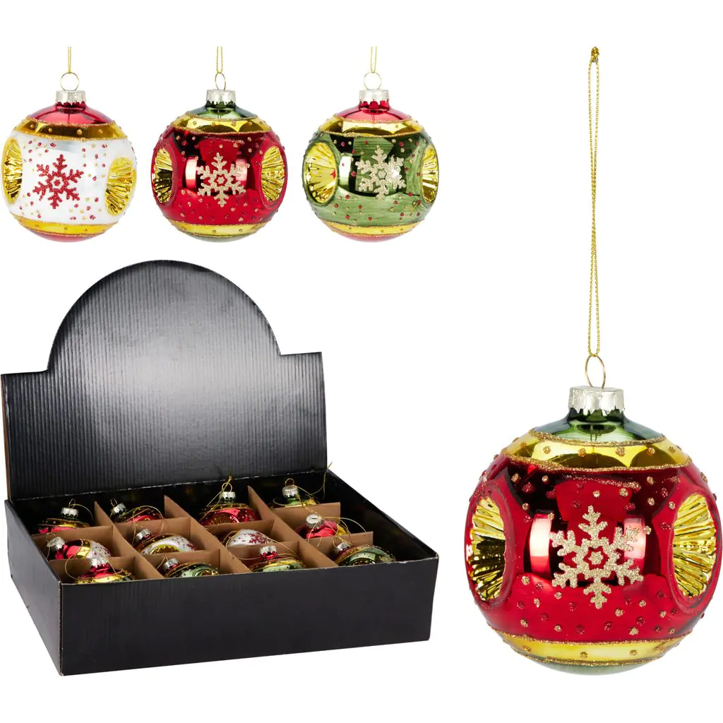 Шар стеклянный, красный с золотым, с блестками и снежинкой, 8 см — изображение 2